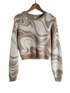 Hollister Tan And Cream Swirls Fuzzy Sweater Cropped Cozy Crew Neck Design Sz M